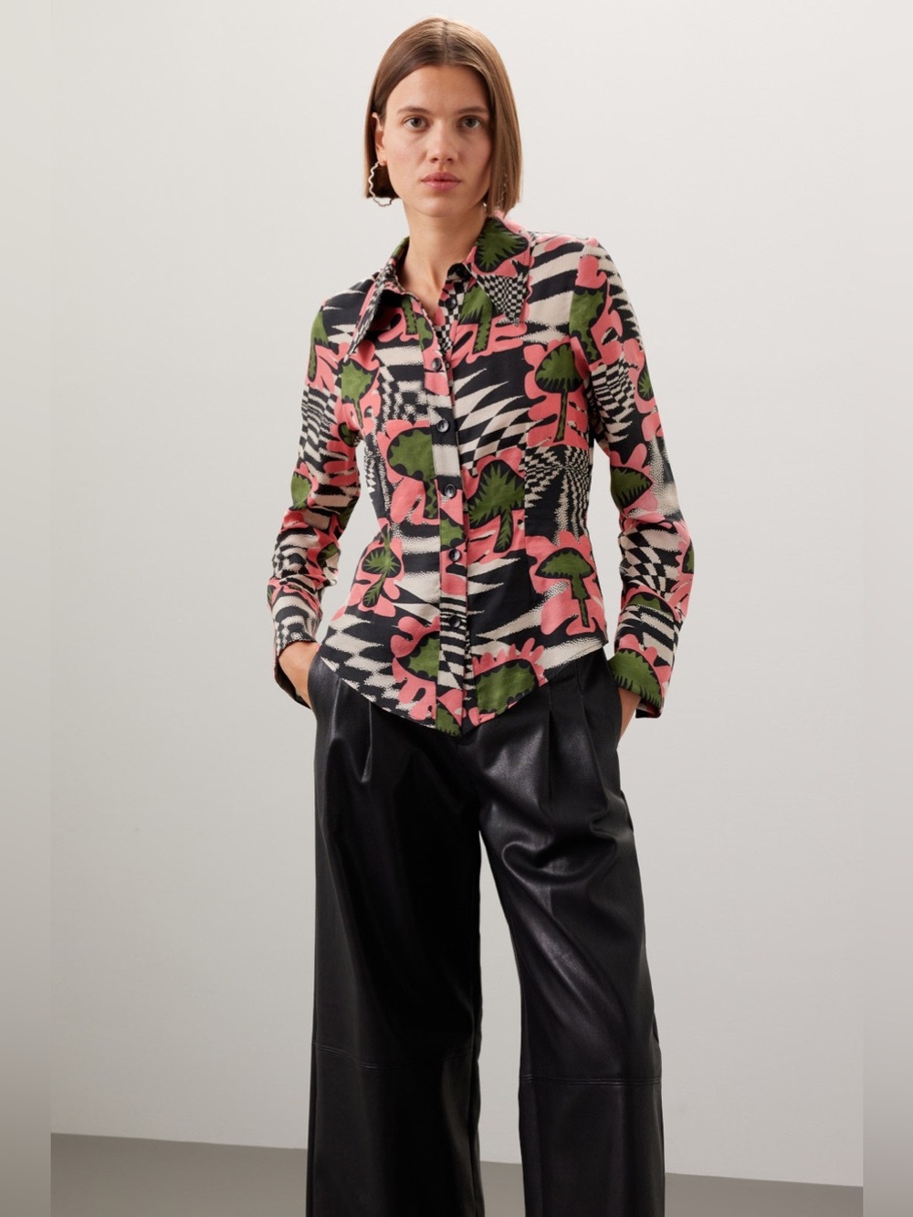 Abstract Floral Button-Up Shirt in Pink, Black & Green